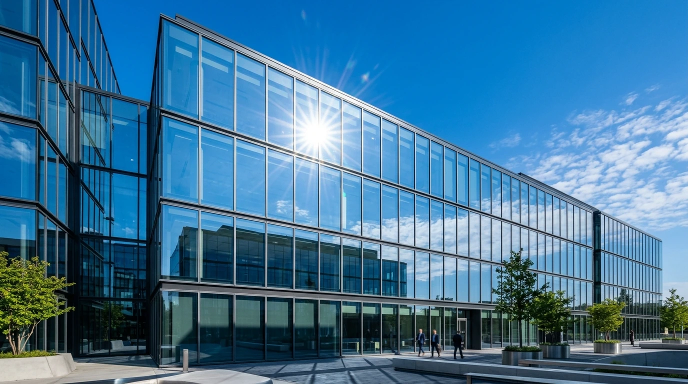 KI-generierte Beispieldarstellung einer modernen Glasfassade als Beispiel für Glasflächenreinigung